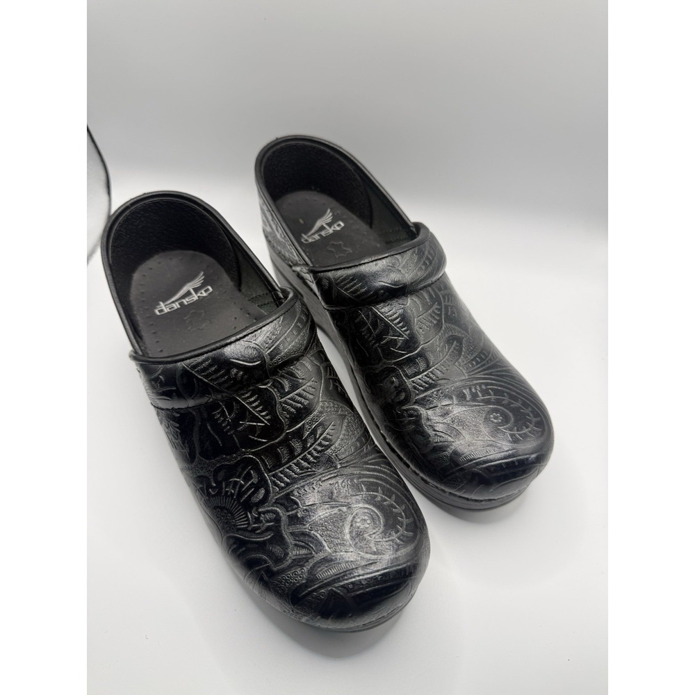 Dansko Professional Clogs EU 37 US 6.5 7 Black Embossed Leather Tooled Shoes